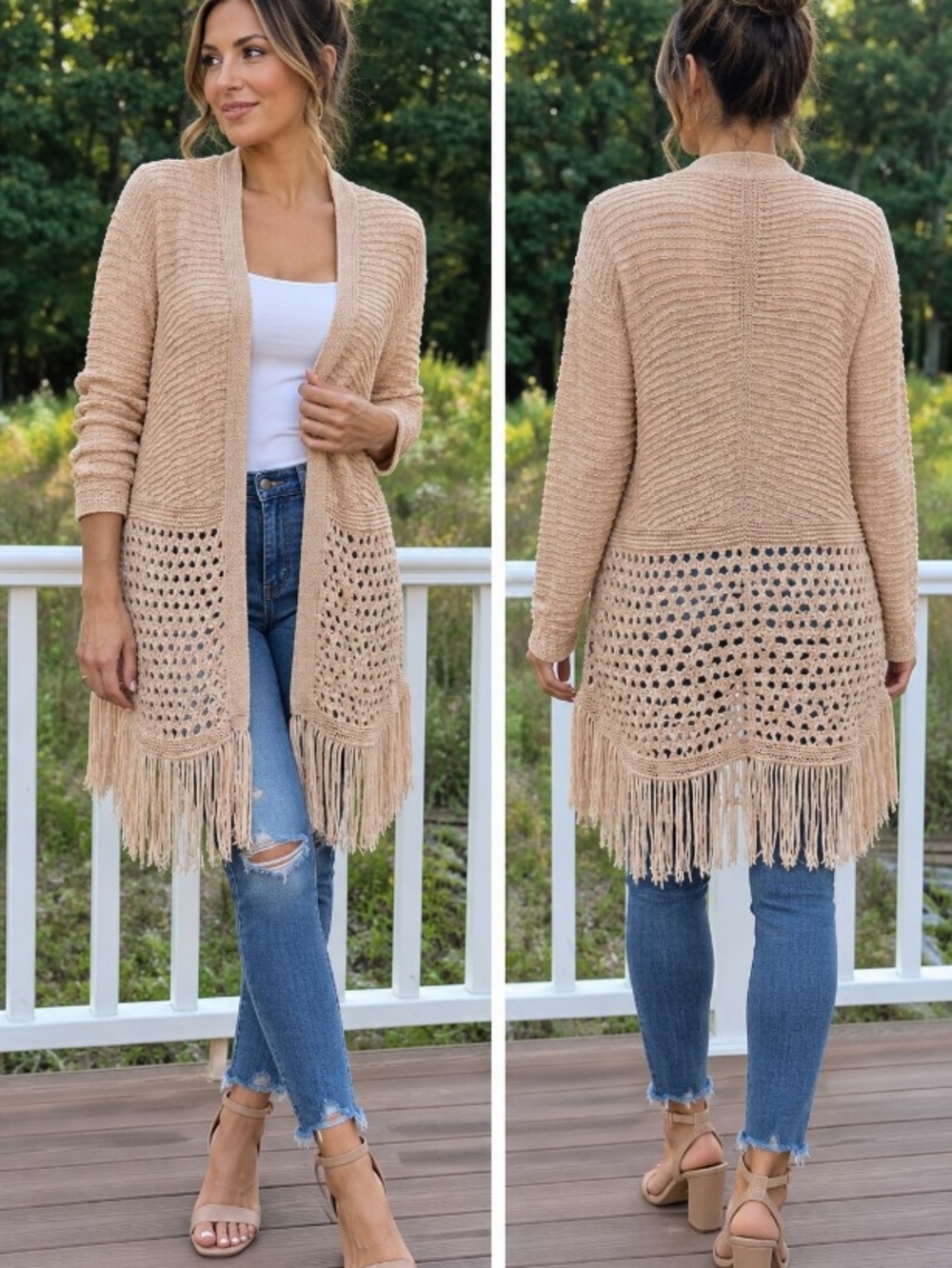 Travelers Collection Chico’s Size 2 Tan/Beige Open-Knit Fringe Cardigan